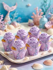 6pcs Purple Mermaid Tail Cupcake Decoration Set, Includes Cake Decoration Holder, Suitable For Mermaid Theme Birthday Party, Baby Shower Party, Children's Mermaid Party, Ocean Theme Cake Decoration - Mermaid - View 3