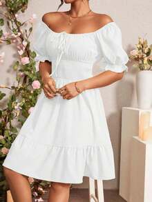 Vestido de manga abullonada con volantes y nudo delantero para el verano, ropa para Año Nuevo - Blanco - Ver 5