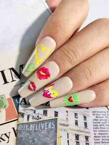 1 Sheet Red Lip & Heart Nail Art Stickers, Minimalist Text, Sexy Red Lips, Baddie Design, Self-Adhesive, DIY Nail Decor, Suitable For Spring/Summer Party Nail Decoration - Multicolor - View 5