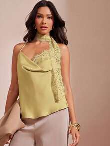 Camiseta de satén con cuello de capucha y bufanda incorporada, ideal para vacaciones, Año Nuevo y citas - Amarillo claro - Ver 4