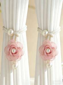 2pcs Bohemian Style 3D Floral Curtain Tiebacks, Pearl Decorated Adjustable Curtain Clips, Luxury Curtain Buckle Rings For Living Room And Bedroom - Multicolor - View 2