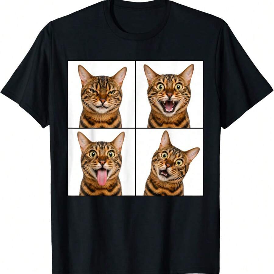 Bengal Cat In Photobooth Cute Cats Faces Poses & Expressions T-Shirt - Black - View 1