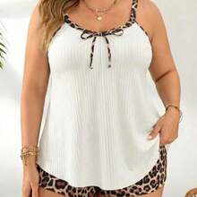 Swim Lushore Plus Size Women Leopard Print Black Loose Knitted Fabric Casual Vacation Tankini Set, For Summer Beach - Blanco - Ver 1
