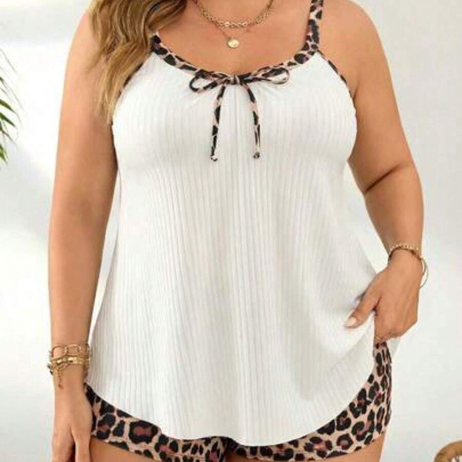 Swim Lushore Plus Size Women Leopard Print Black Loose Knitted Fabric Casual Vacation Tankini Set, For Summer Beach - Blanco - Ver 1