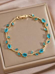 1pc Copper Zirconia Oxidized Decorated Classic Tennis Chain Bracelet, Floral, Leaf, Heart & Geometric Minimalist Multifunctional Design, Niche Luxury Ins-Style Multi-Gemstone Tennis Bracelet, Suitable For Young People To Wear For Party, Daily, Date And Special Occasions As An Eye-Catching Accessory - Gold - View 9