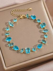 1pc Copper Zirconia Oxidized Decorated Classic Tennis Chain Bracelet, Floral, Leaf, Heart & Geometric Minimalist Multifunctional Design, Niche Luxury Ins-Style Multi-Gemstone Tennis Bracelet, Suitable For Young People To Wear For Party, Daily, Date And Special Occasions As An Eye-Catching Accessory - Gold - View 10