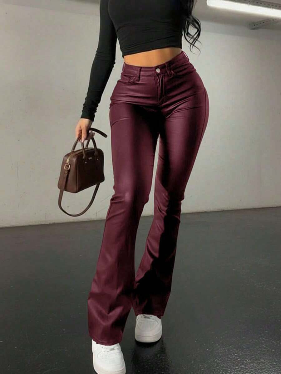 Pantalones acampanados de estilo estadounidense de primavera con efecto de piel sintética negra, estilizadores y alargadores de piernas, de moda para mujeres jóvenes de uso casual - Burdeos - Ver 1