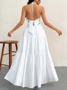 Vestido de gasa con cuello halter y espalda descubierta con nudo para mujeres, ideal para resort, boda y eventos - Blanco 2 - Ver 2