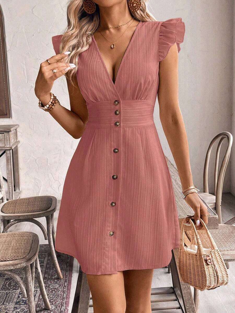 Vestido casual de vacaciones para mujer con mangas de volantes y botones delanteros de unicolor, vestidos de verano para mujer, vestido de té de vacaciones - Rosa coral - Ver 1