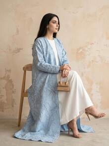 Áo khoác Abaya dài dáng rộng màu xanh nhạt in họa tiết đường kẻ cơ bản, áo cardigan dáng suông tôn dáng, áo choàng mặc hàng ngày thanh lịch và đa năng dành cho phụ nữ. - Xanh và trắng - Xem 1