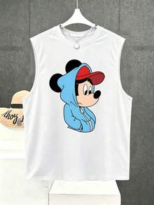 Manfinity Homme Men's Disney Mickey Mouse Hoodie Graphic Tank Top, Milk Silk Fabric Sleeveless Muscle Shirt, Casual Round Neck Summer Streetwear Tank, Lightweight Breathable Workout & Daily Wear Top, Cartoon Character Print Tee For Men - trắng - Xem 2