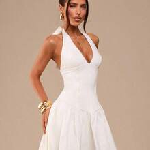 Simple Solid White Deep V-Neck Fitted Mini Dress For Women, Elegant White Dress, Beach Holiday Dress, Graduation/School Season White Dress - Amarillo - Ver 7