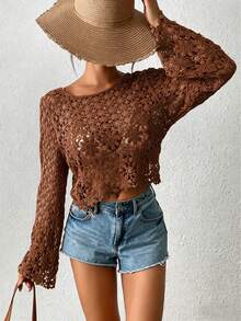 1pc Solid Color Knit Sheer See-Through Casual Blouse, Suitable For Beach, Resort, Spring/Summer/Autumn Vacation - Coffee Brown - View 4