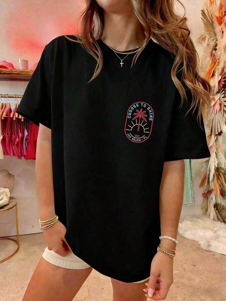 Camisetas Oversize para Mujer Estilo Y2K con Estampado de Cocotero/Letras, Manga Corta, Cuello Redondo, Corte Holgado, Estilo Vintage de Verano, Camisetas Holgadas Estéticas, Ropa Juvenil Estilo Preppy Costero, Streetwear - Blanco y Azul Marino, Top Corto Unisex con Hombros Descubiertos, Ropa Casual para Uso Diario - Negro - Ver 1