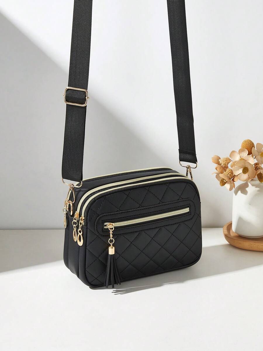 Fashion Quilted Diamond Stitch Multi-Layer Crossbody Shoulder Bag For Women - Black - View 1