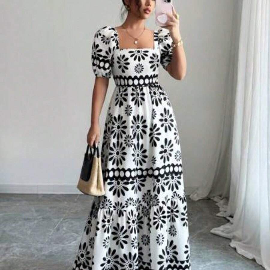 Women's Summer Country Floral Print Bardot Neck Dress - Blanco y Negro - Ver 1