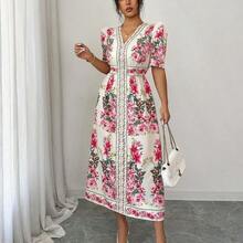Women's Boho Hot Pink Floral Print A Line V Neck Puff Half Sleeve Midi Dress - Rosa Fucsia - Ver 7