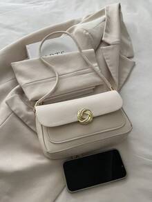 Bolsa de ombro elegante, minimalista e minimalista, com aba assimétrica em cor sólida e estilo vintage. - Bege - Ver 8