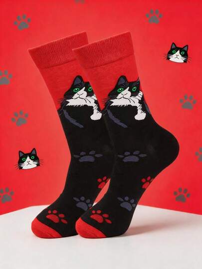 1 Pair Of Neutral, Fashionable, And Innovative Black And White Cat Paw Print Mid Tube Socks, A Cute And Creative Pet Style Sock Suitable For All Seasons, A Heartwarming Gift For Couples, Cat Enthusiasts, And Friends, An Ideal Choice For Daily Wear, Casual Commuting, And Cute Outfits