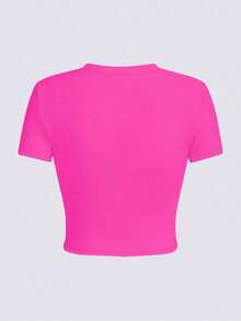 Women's Crop Top Double-Layer Orange-Red Hibiscus Flower Tee, Short Sleeve Round Neck Slim Fit Casual Shirt, Lightweight Stretchy For Beach & Layering - 玫紅色 - 查看 4