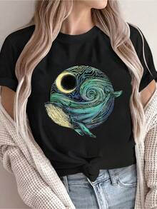 Camiseta de mujer% algodón - Camiseta de manga corta con estampado de ballena joroba y luna, inspirada en el arte 'Shriek'. Camiseta de manga corta para mujer - Ligera, transpirable, éxito de  en verano. - Negro - Ver 1