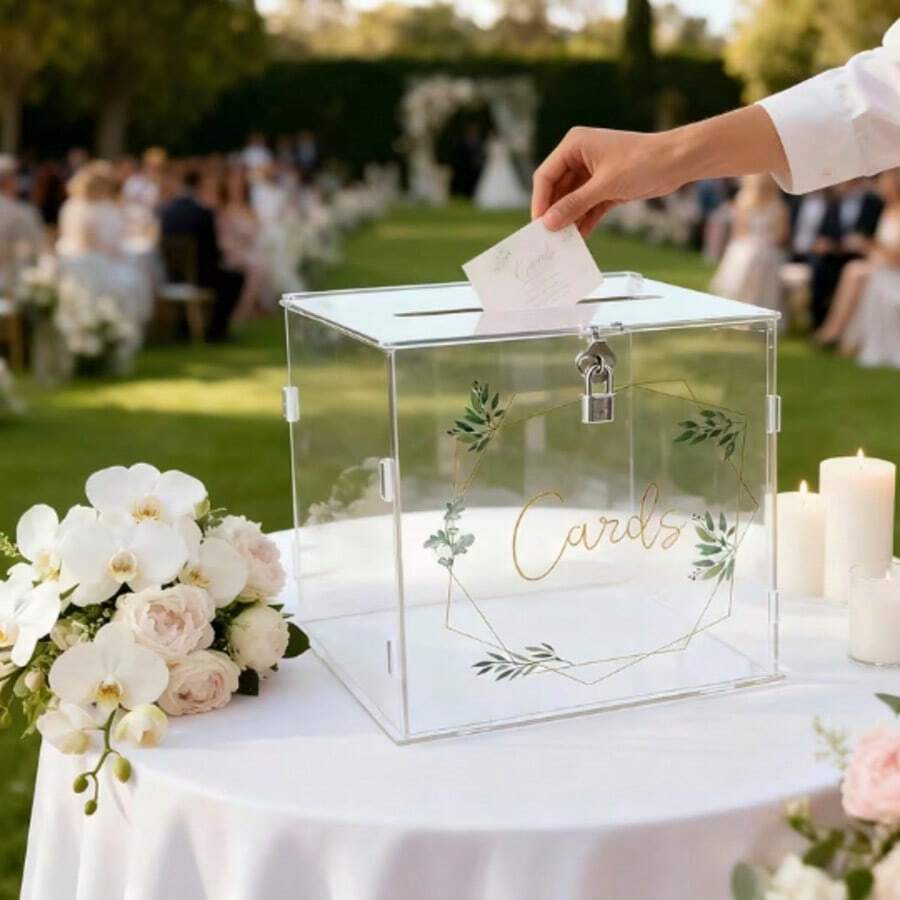 Transparent Acrylic Card Holder With Lock, Envelope/Wallet, Suitable For Wedding, Graduation, Birthday, Baby Shower, Party - Gold Floral Design Gift Card Organizer - Multicolor - View 1