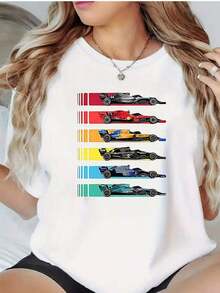 Women's% Cotton-shirtCamiseta con estampado de coche de carreras, 180G, blanco y negro, cuello redondo, corte holgado básico, transpirable, versátil, lavable aáquina, cómoda, S - 3XL, para uso diario casual, deportivo, esencial para el veranoLightweight, breathable, summer best-seller - Blanco - Ver 12