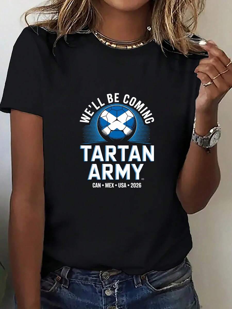 Camiseta de Cuello Redondo Estampada para Mujer, Serie de Ropa EE.UU.-México, Estilo de Apoyo a Fanáticos con Estampado Tartan Army, Creando un Ambiente y Estilo para Ver Partidos.Ropa para Entusiastas del Fútbol, Atuendo de Animación.Nueva Camiseta de Manga Corta Cómoda para Primavera/Verano - Negro - Ver 1
