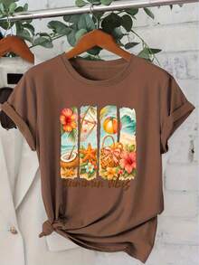 Camiseta de manga corta para mujer, serie "Summer Vibes", con estampado de elementos tropicales de playa, estilo veraniego, cuello redondo, casual, a la moda, para uso diario, estilo retro, para otoño e invierno. Camiseta de manga corta para mujer joven, casual, fresca, linda, elegante, estilo deportivo, cuello redondo, tallas S-XXL, estilo vintage urbano, unisex, holgada, de algodón, manga corta, cuello redondo. - Blanco - Ver 11