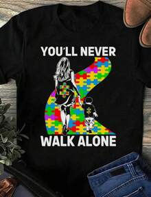 1 T-Shirt For Moms Of Autistic People, Never Walk Alone, Supporting Autism Awareness, 180g 100% Cotton - 黑色 7 - 查看 7