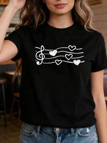 Plus Size - Plus Size - Love Note Musical Graphic Print Plus Size T-Shirt For Women, Casual Short Sleeve Crew Neck Top For Summer And Spring, Women's Clothing - 黑色 - 查看 1