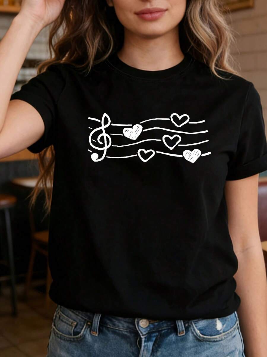 Plus Size - Plus Size - Love Note Musical Graphic Print Plus Size T-Shirt For Women, Casual Short Sleeve Crew Neck Top For Summer And Spring, Women's Clothing - 黑色 - 查看 1