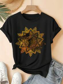 Spring/Summer 2026, New Women's Short Sleeve T-Shirt With Round Neck And Gradient Mandala Print, Distressed Vintage Style, Casual Sports Top, Soft Knit Fabric, High-Quality Women's Clothing. | Fun And Original Design | Fun And Youthful T-Shirt - Unisex Vintage Urban Style, Loose Fit, Cotton, Short Sleeve And Round Neck - 黑色 - 查看 12