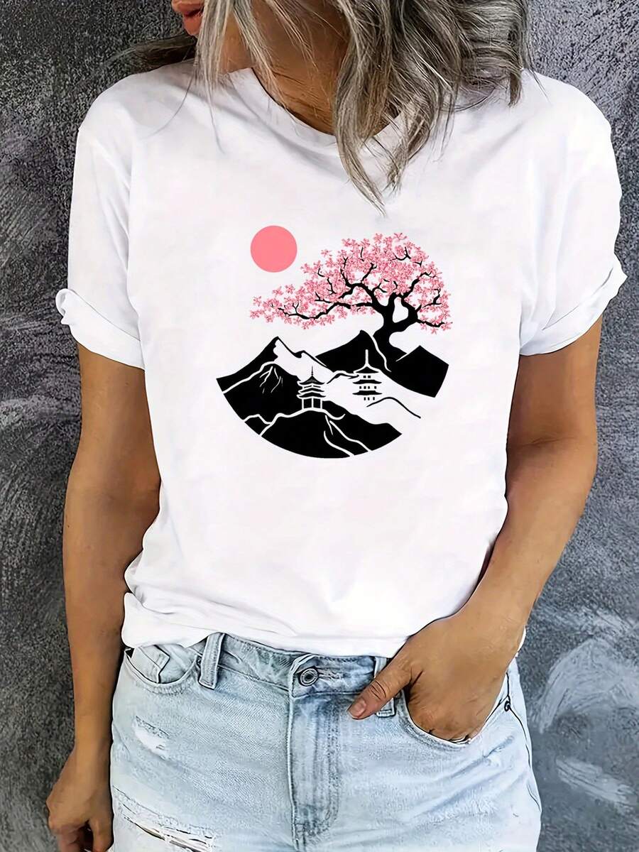 Camiseta de manga corta estilo japonés con estampado de paise de flores de cerezo, un top blanco fácil y artístico, perfecto para la moda de verano de mujer