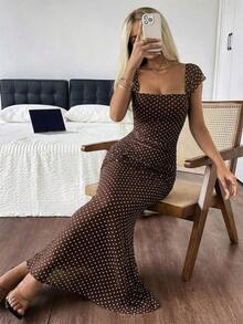 Vestido de verano de cola de pez con dobladillo largo y puntos polka de malla para mujer - Marrón - Ver 4