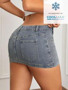 Minifalda de mezclilla ajustada y de tiro bajo lavada, con estilo callejero sexy para el verano - Azul lavado medio 3 - Ver 2