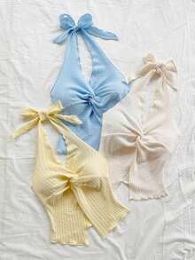 3 piezas Camiseta ajustada con cuello en V, nudo delantero, bajo asimétrico, color amarillo, beige, azul claro, adecuada para vacaciones, citas, té de la tarde, vacaciones, festivales de música, estilo bohemio, verano, playa - Multicolor - Ver 4