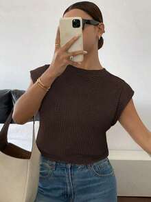 Camiseta casual de cuello redondo de manga corta de unicolor con textura de gofre, cómoda para el verano - Marrón 2 - Ver 6