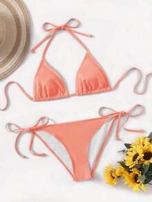 Women's Simple Solid Color Swim Bikini With A Halter Neck And Cutout, Suitable For Beach Vacations And Summer. - Coral Orange - View 4