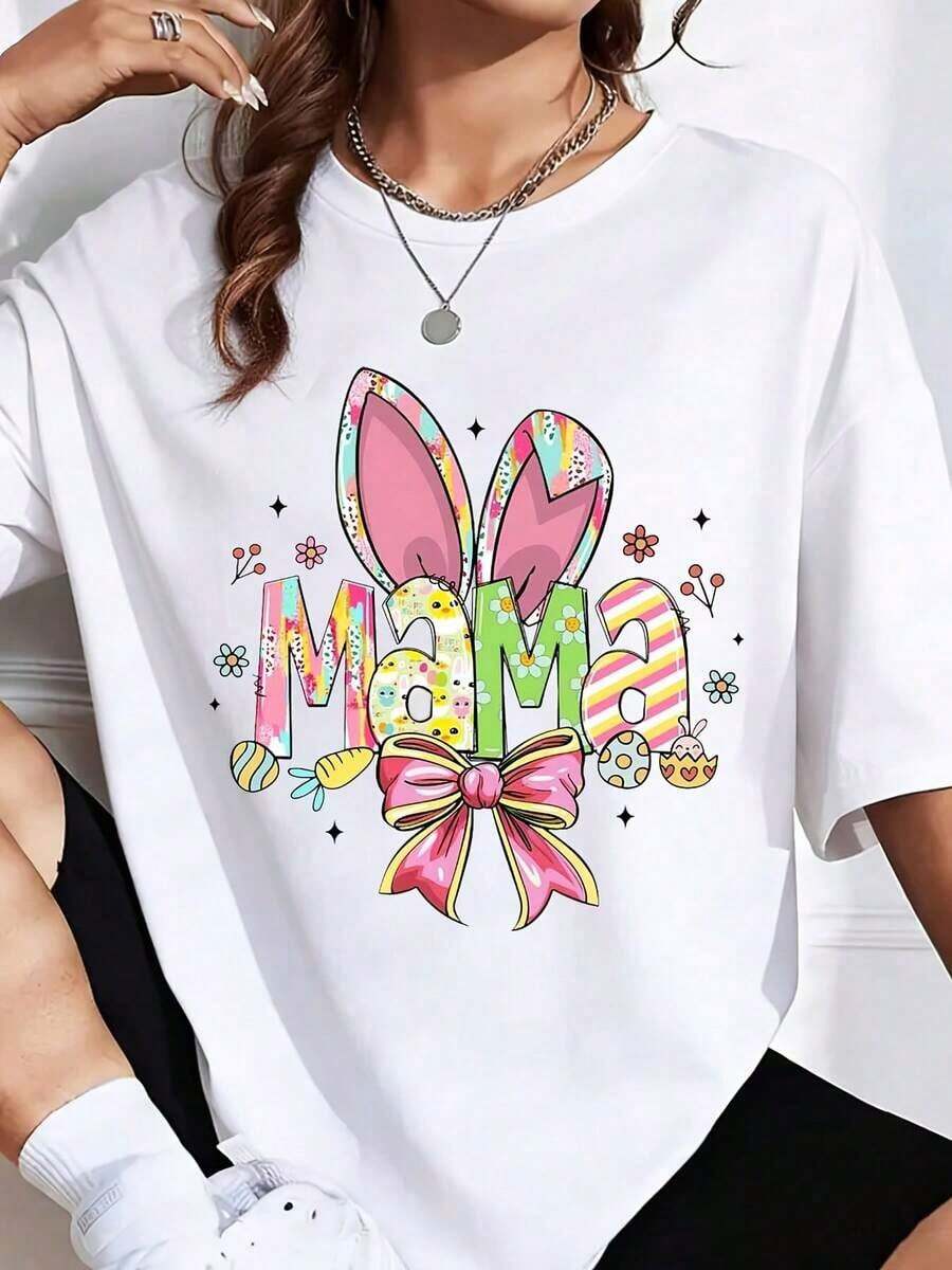 1 pieza Camiseta con estampado de lazo y orejas de conejo de Pascua Mama para mujer, regalo para el Festival de Primavera, es una camiseta perfecta para regalar a amigos y familiares en cualquier día festivo u ocasión especial, 180g 100% algodón. - Blanco - Ver 1