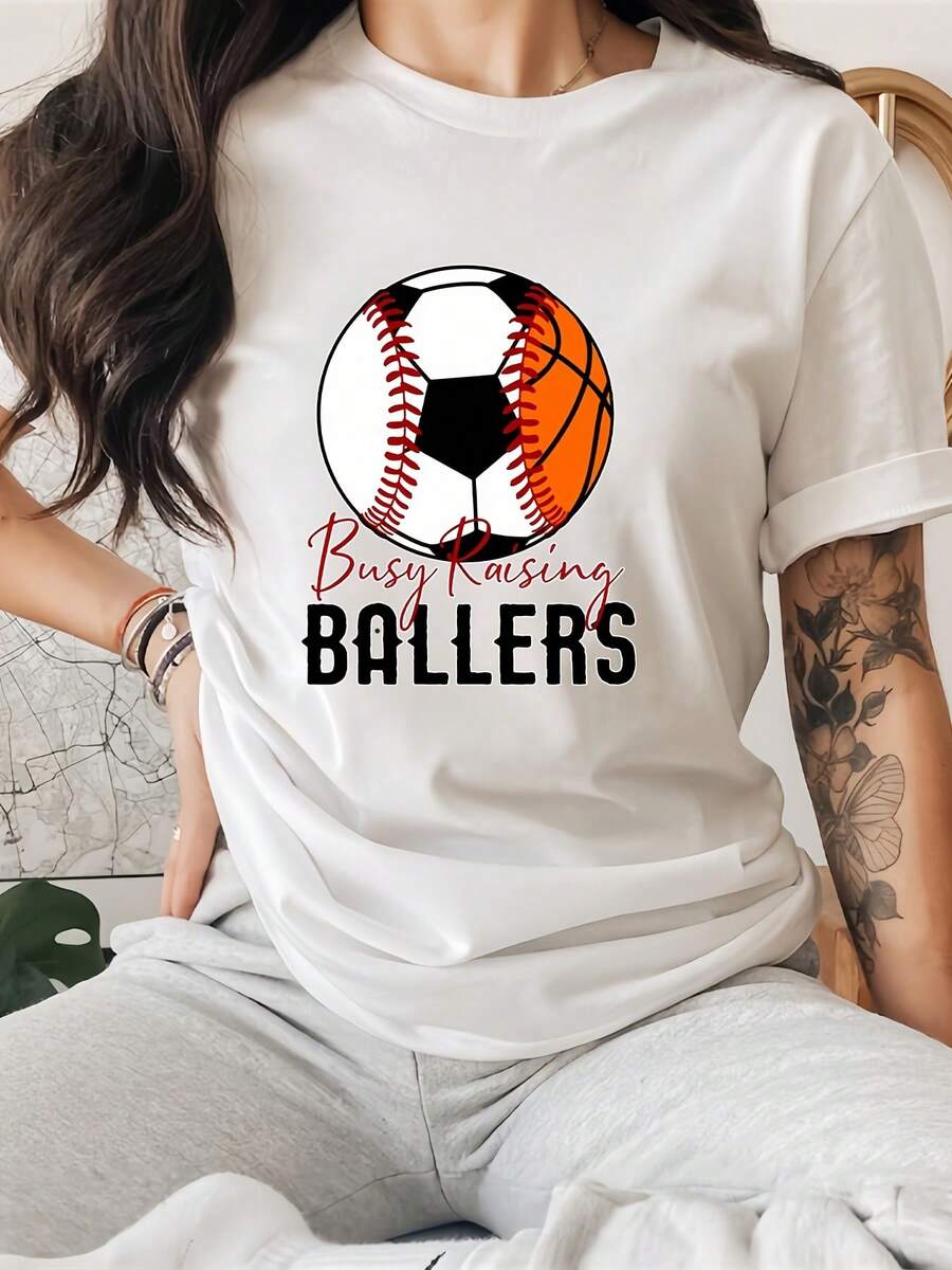 1 camiseta estampada BALLERS, camiseta deportiva de manga corta con cuello redondo, moderna y casual, top diario informal, 180g 100% algodón. - Blanco - Ver 1