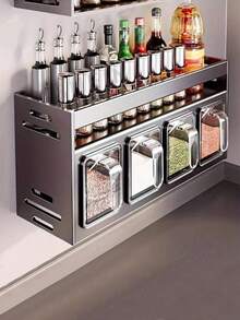 1pc Wall-Mounted Spice Rack Storage Shelf - Made Of Aluminum Magnesium Alloy, Rust-Proof, No Charging Required, Drill-Free Installation, Includes Spice Jars And Storage Containers, Suitable For Kitchen Storage - Multicolor - View 2