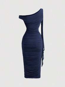 Vestido de longitud media con hombro asimétrico ajustado, fruncido y decoración de hebilla metálica para mujer - Azul marino - Ver 2