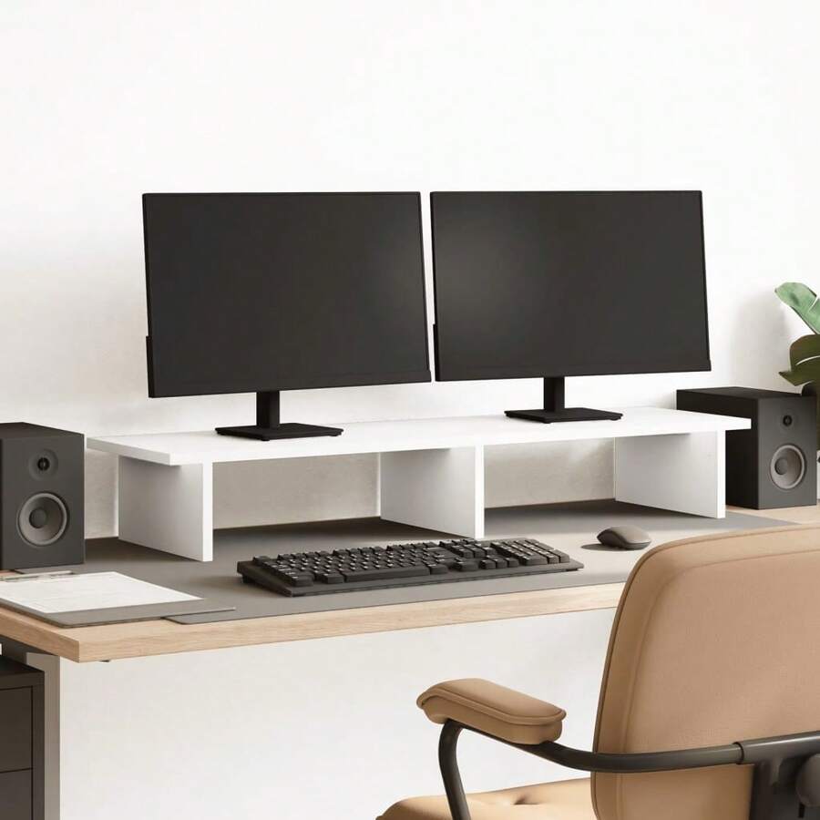 Soporte para monitor vidaXL blanco, 100x27x15 cm, madera maciza de pino. - Blanco - Ver 1