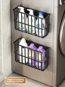 1 pieza Cesta de almacenamiento lateral para refrigerador, organizador de montaje en pared sin taladro para especias, envoltorios y suministros de limpieza de cocina, estante de metal a prueba de óxido, fácil de instalar - Multicolor - Ver 7