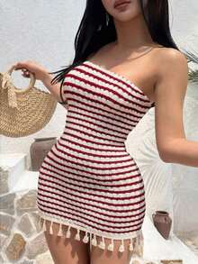Vestido fruncido con diseño sin tirantes, cintura entallada y dobladillo con flecos en un estilo patchwork de colores, con aire sexy y de europea y americana para vacaciones - Rojo - Ver 7