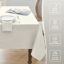 Mantel rectangular de lino sintético para exteriores de 240 x 140 cm para 8-10 personas. Resistente a las manchas, color beige, lavable e impermeable. Ideal para proteger la mesa en fiestas, cumpleaños, bodas, picnics y uso en la cocina. - Blanco Crema - Ver 3