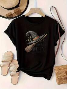 Camiseta de mujer con estampado de sombrero de bruja y escoba, con el texto "TONIGHT WE FLY" impreso, cuello redondo. - Negro - Ver 6