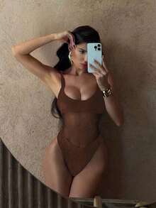 Traje de baño de una sola pieza para mujer con diseño de unicolor, tirantes, parches de malla, sexy y con recortes, estilo bohemio para festivales - Café integral - Ver 8