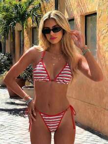 Swim Mod Bikini triangular retro dulce y picante, de talla pequeña con cordones, de alta gama a rayas rojas y azules, traje de baño sensual de piezas separadas, Primavera/Verano 2026 - Celeste - Ver 8